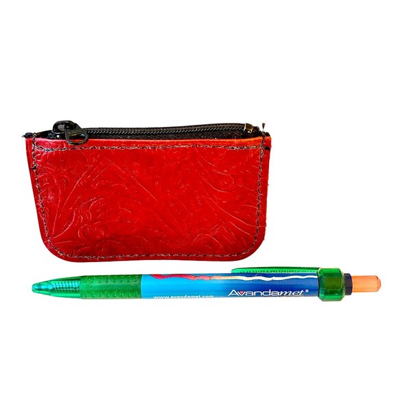 Mini Leather Zipper Pouch Emblossed Red & Black Hand Crafted Tiny New - Picture 11 of 11